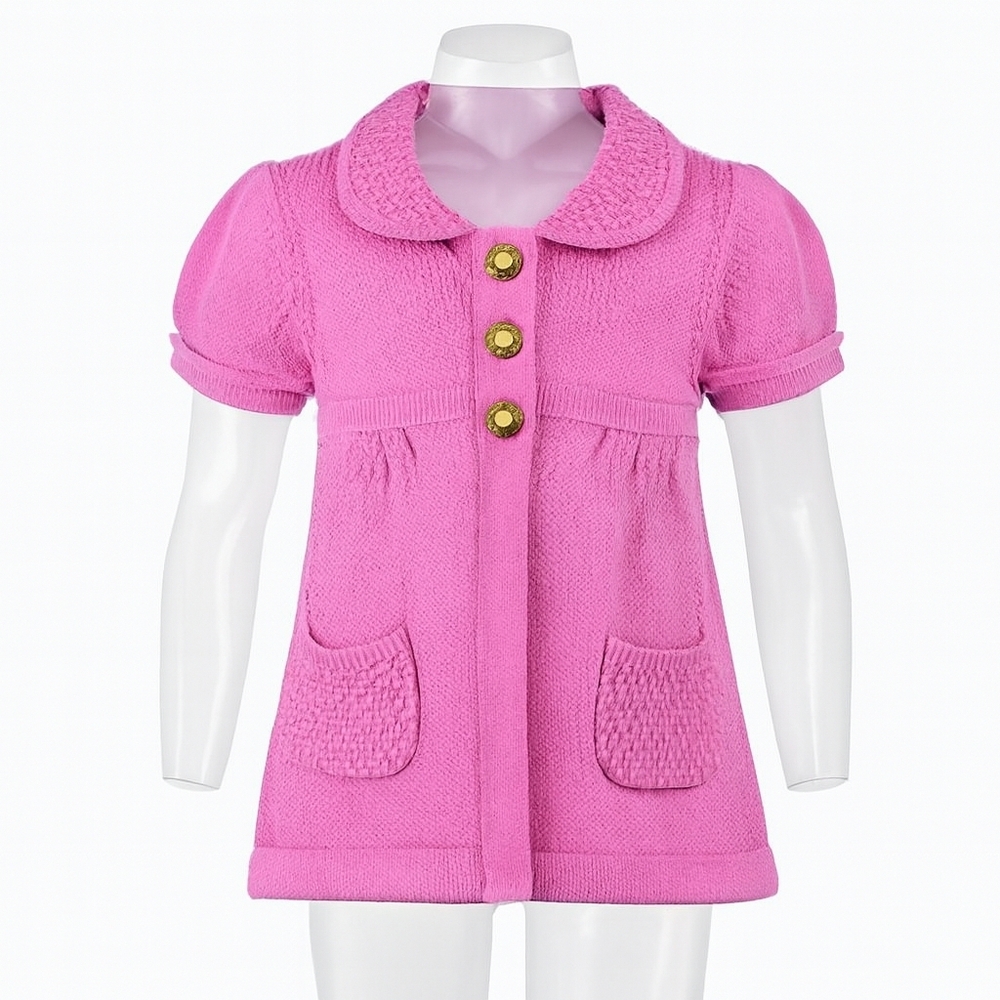 Girl’s Pink Sweater Short Sleeves, 2 pockets 3 Designed Buttons, Kids Size S(4)